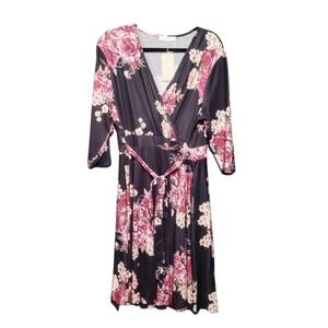 Nemidor 14 Plus Size Floral Wrap Dress 3/4 Sleeve Belted Midi Black Pink Women